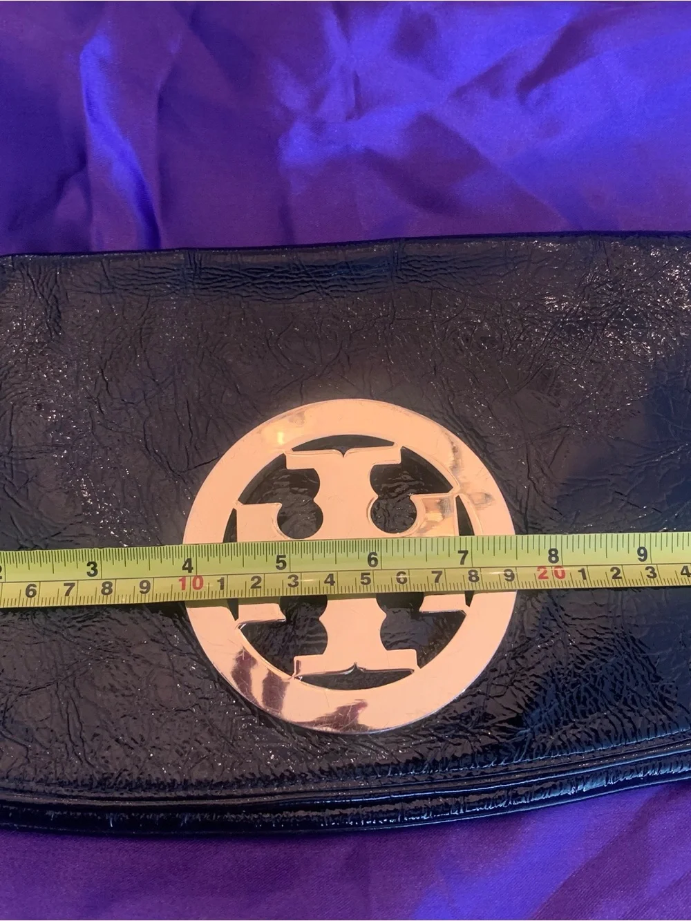 Tory Burch Black Patent Leather Clutch with Gold Logo Accent